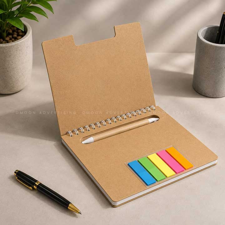 Spiral-Bound Kraft Notebook with Colourful Sticky Notes
