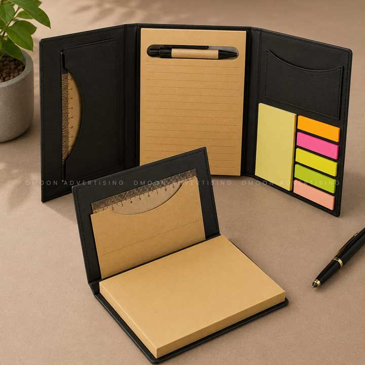 Tri-Fold Sticky Note Memo Pad with Pen, Card Slot & Ruler