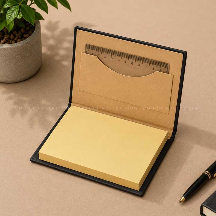 Tri-Fold Sticky Note Memo Pad with Pen, Card Slot & Ruler